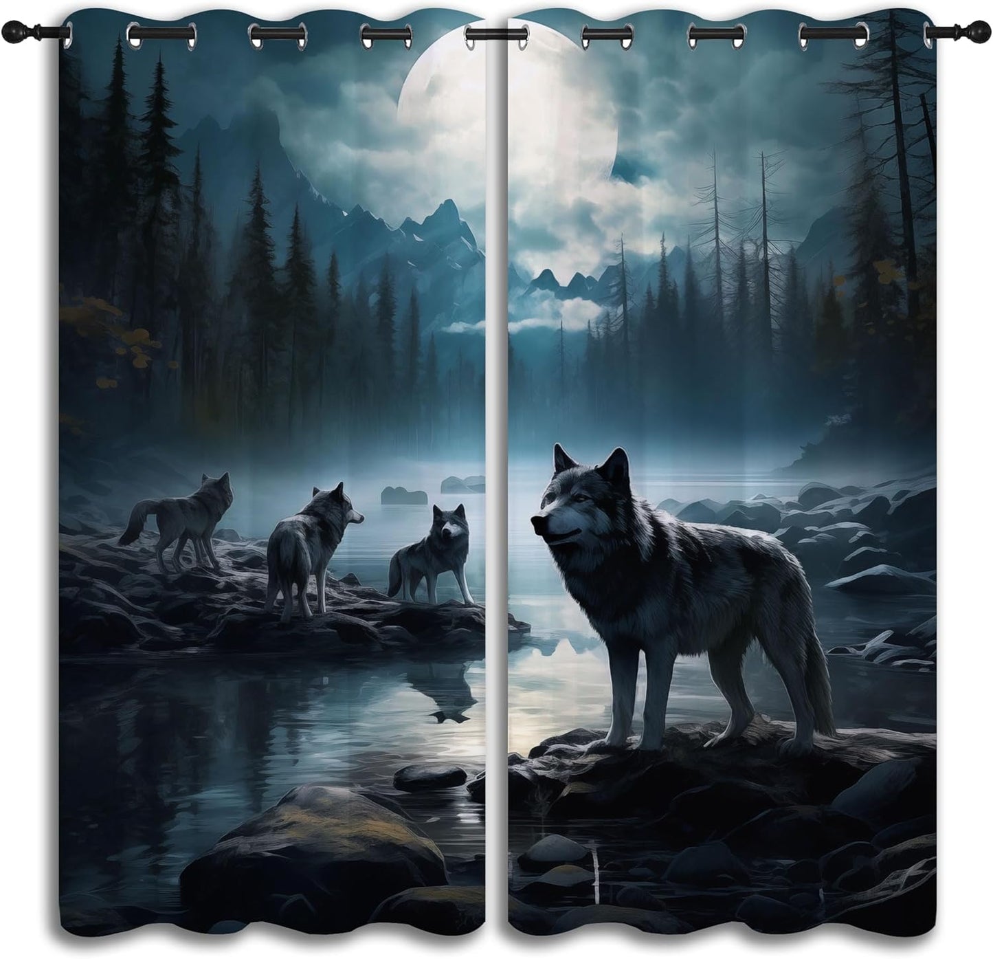 Wolf Blackout Curtains for Boys Girl Bedroom Decor,Dreamy Forest Full Moon Wolf Pack Thermal Insulated Grommet Drapes Darkening Window Curtain for Living Room Home 55x63 inch