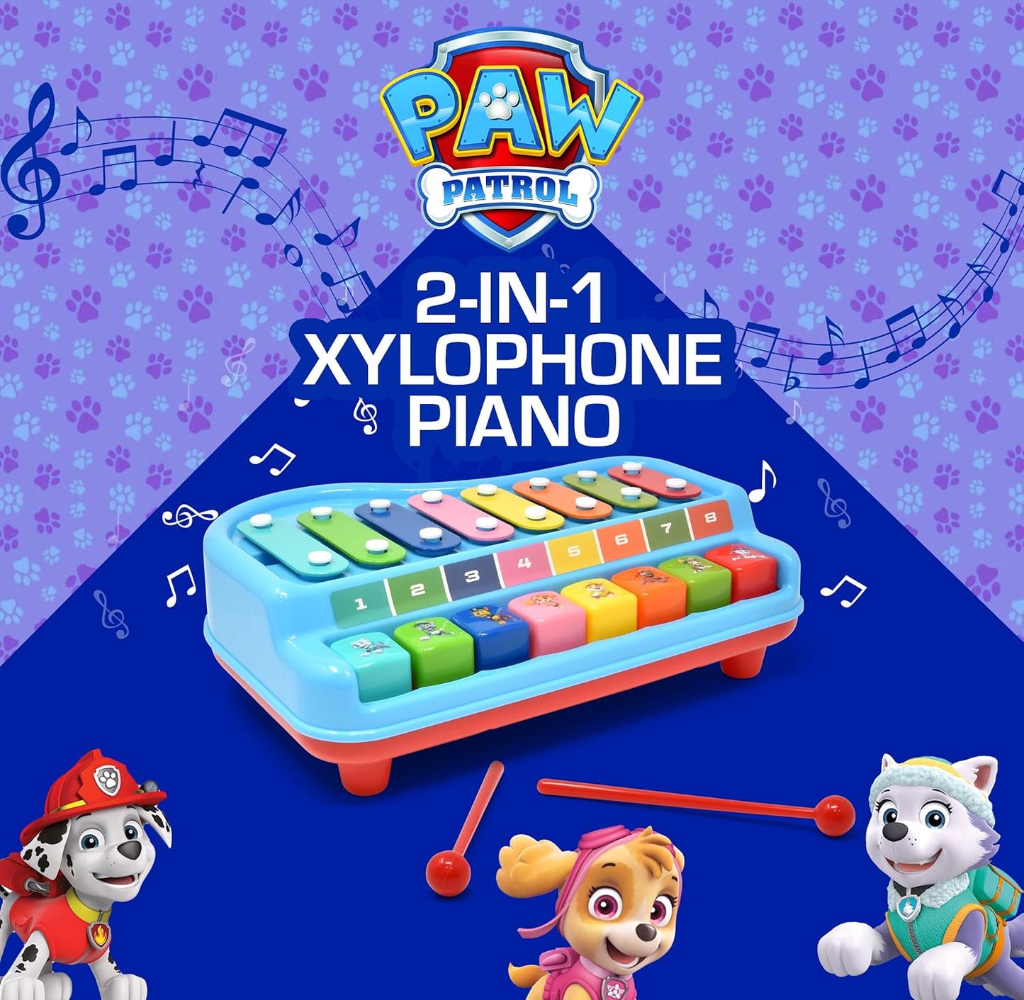 Paw Patrol 2 in 1 Baby Piano Xylophone Toy for Kids Toddlers Girls Boys Musical Instrument with Multicolored Keys Keyboard Sheet Music Two Mallets