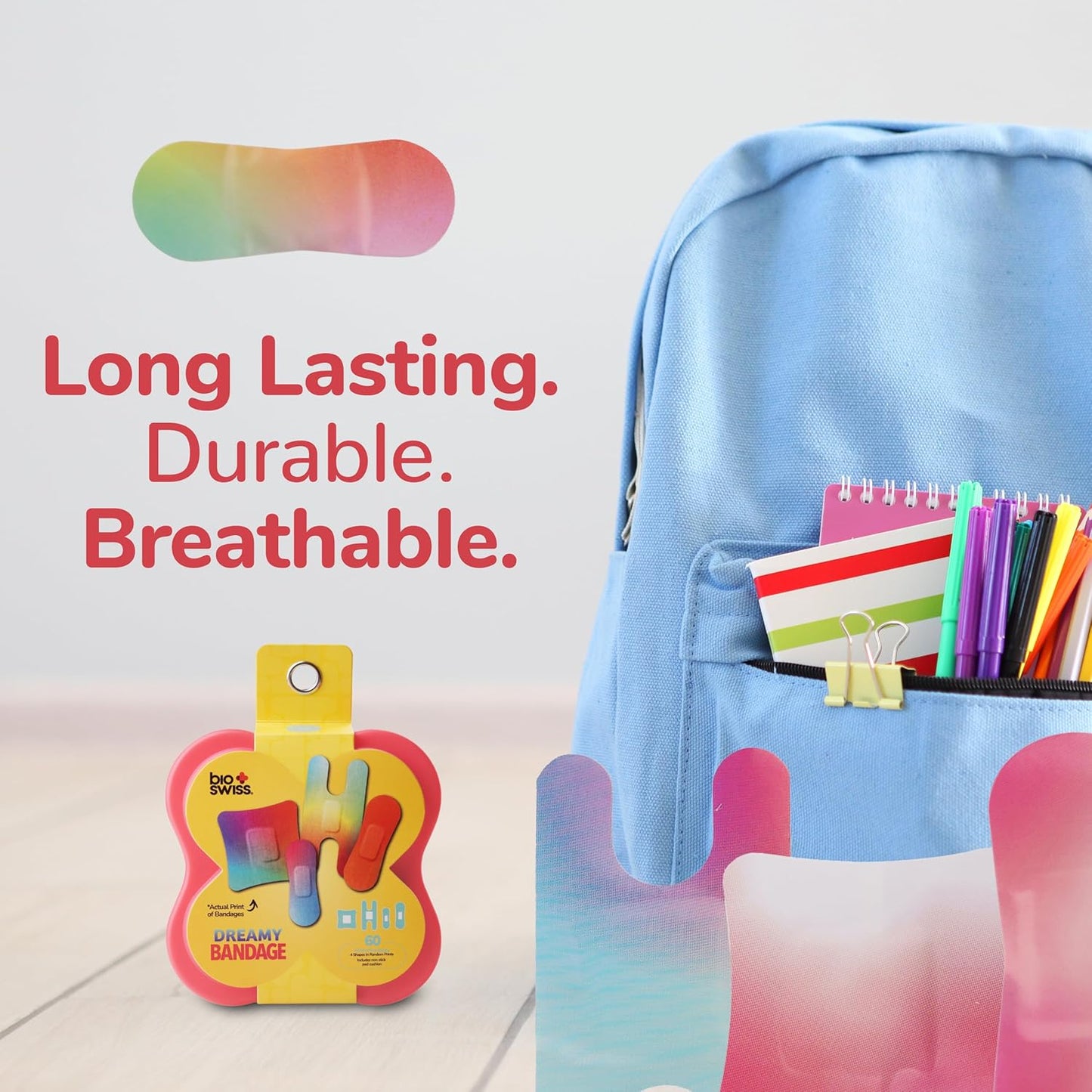 BioSwiss Bandages, Assorted Size Gradient Print Self Adhesive Bandage, Latex Free Sterile Wound Care, First Aid Kit Supplies for Kids and Adults, 60 Count