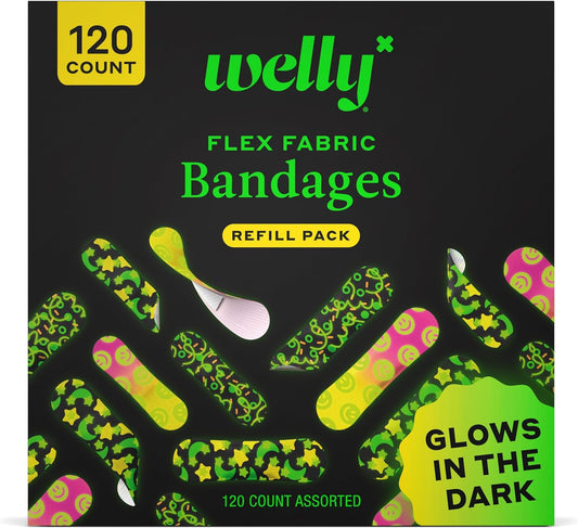 Welly Bandage Glow-in-The-Dark Refill Pack | Adhesive Flexible Fabric Bandages | Assorted Shapes and Patterns for Minor Cuts, Scrapes, and Wounds - 120 Count