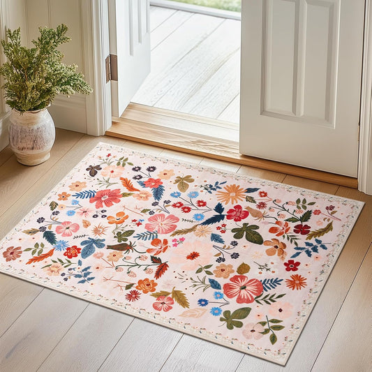 Area Rugs 2x3 Washable Rug for Entryway Boho Spring Farmhouse Floral Small Carpet Rug Beige Soft Non Slip Low Pile Faux Wool Stain Resistant Doormat for Bedroom Kitchen Bathroom Laundry Pet RV