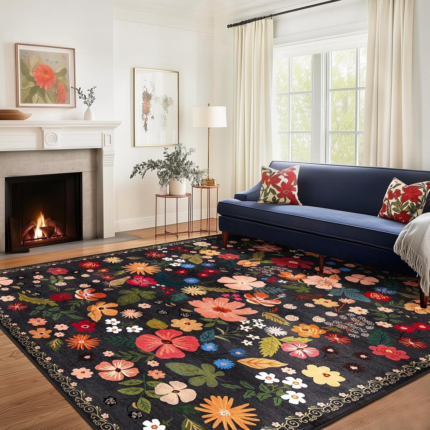 Black 8x10 Area Rugs for Large Living Room Machine Washable Non-Slip Backing Boho Floral Rugs Soft Faux Wool Low Pile Stain Resistant Dark Carpet Rug for Cozy Bedroom Dining Room Nursery Kids Room