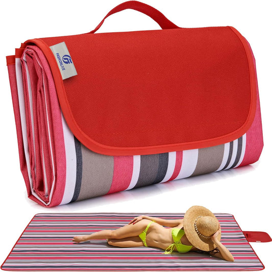 Beach Blanket Picnic Mat Sandproof Waterproof Extra Large Outdoor Camping Blanket Foldable Portable Picnic Mat for Travel Hiking Music Festival Park Lawn Grass Red Lines