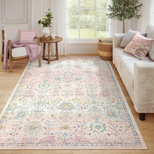 Lahome Light Pink Boho Rug, 6x9 Washable Rugs for Bedroom Girls, Soft Floral Kids Carpet with Non-Slip Backing for Nursery Playroom Kids Room