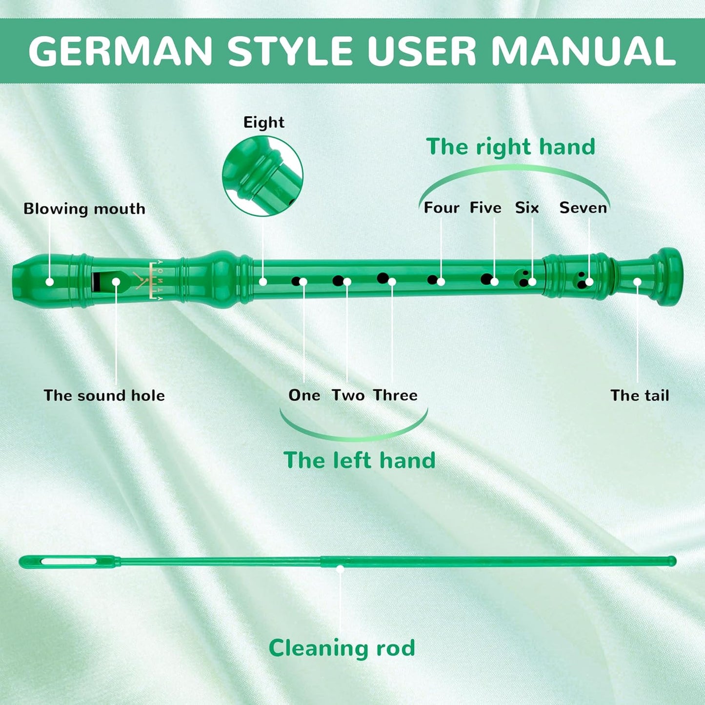 Soprano Recorder 8-Hole Instrument for Beginners Kids Students, German Style C Key Flute with Cleaning Rod & acking Bag for Education & Entertainment - Green