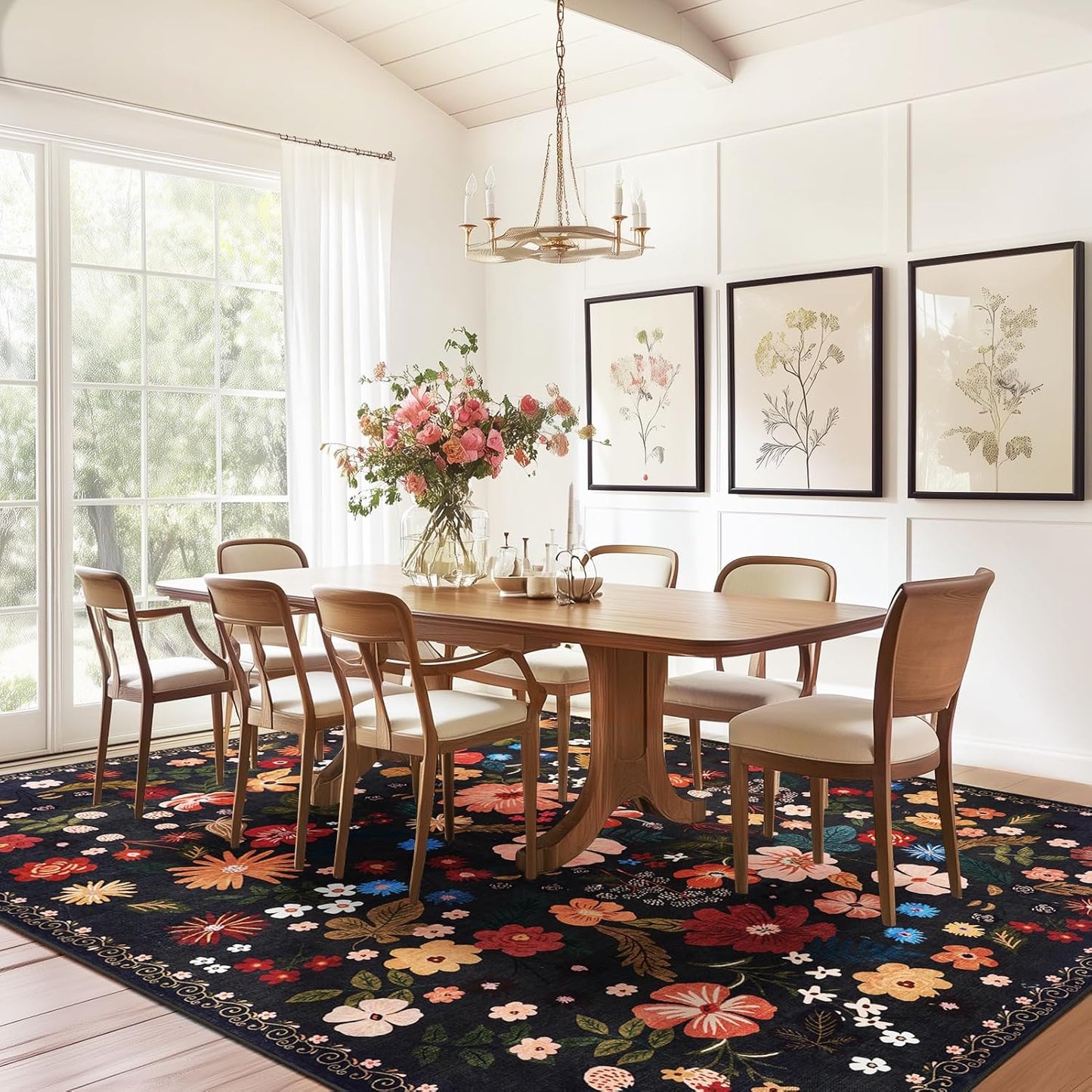 Black 8x10 Area Rugs for Large Living Room Machine Washable Non-Slip Backing Boho Floral Rugs Soft Faux Wool Low Pile Stain Resistant Dark Carpet Rug for Cozy Bedroom Dining Room Nursery Kids Room