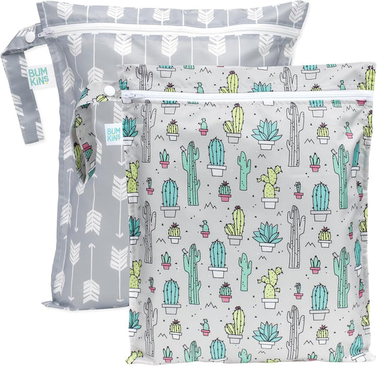 Bumkins - Waterproof Wet Bag - For Baby, Travel, Swim Suit, Cloth Diapers, Pump Parts, Pool, Gym, Toiletry, Strap to Stroller - Reusable & Easy to Clean - 2pk - Cactus & Arrows