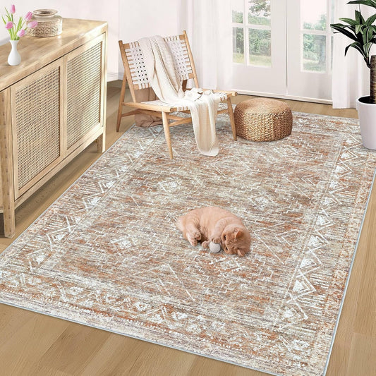 Vintage Moroccan Trellis Area Rug - 4x6 Machine Washable Boho Geometric Farmhouse Rugs Neutral Stain Resistant Non Slip Indoor Carpet for Bedroom Dining Room Nursery Home Office (4 x 6, Brown)