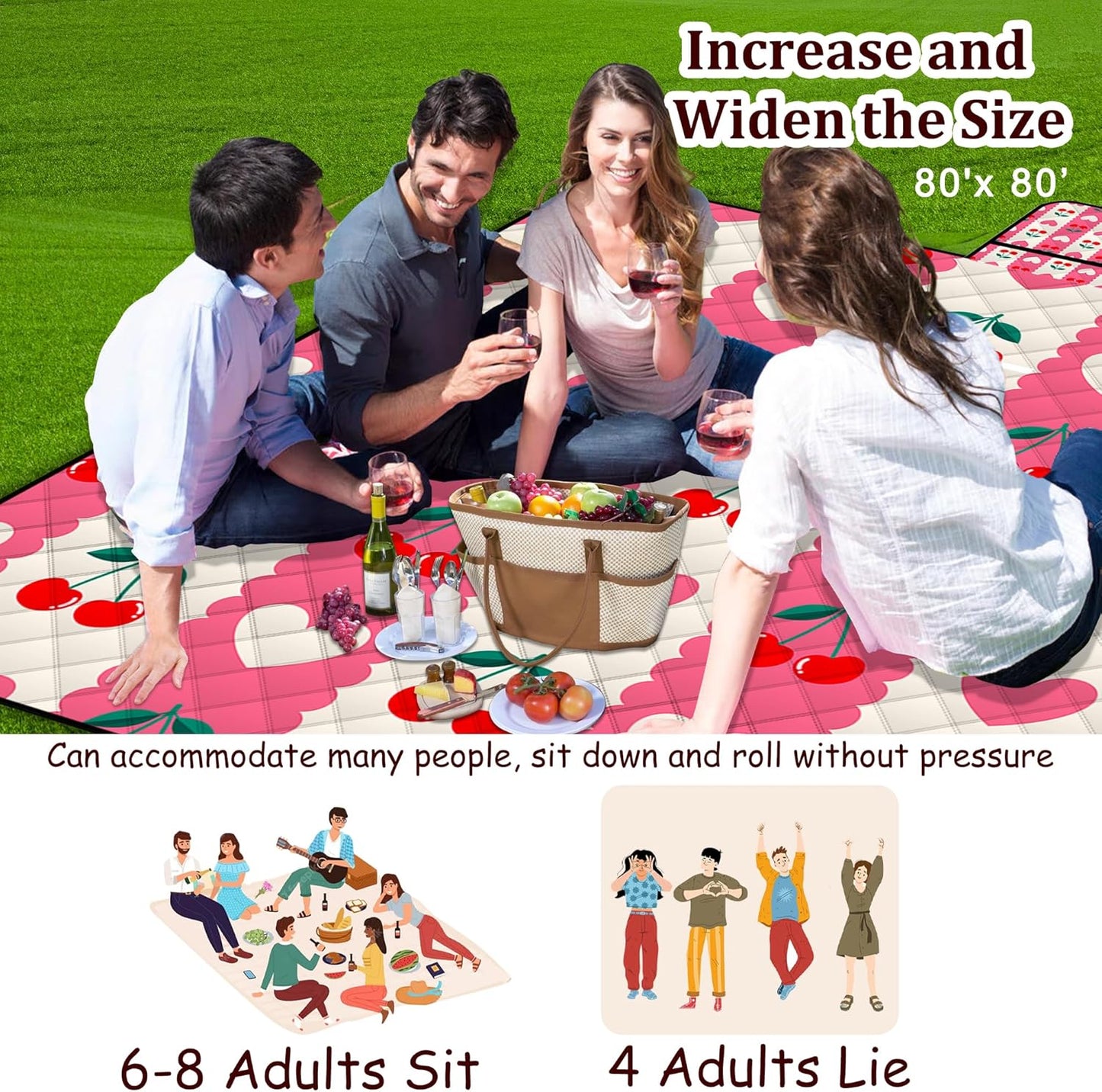 Poedist Extra Large Picnic Blanket Waterproof,80"x 80"Foldable Machine Washable Beach Blanket,Outdoor Blanket for 6-8 Adults,Suitable for Indoor Crawling,Park Beach,Camping,Hiking,Family Travel(Pink