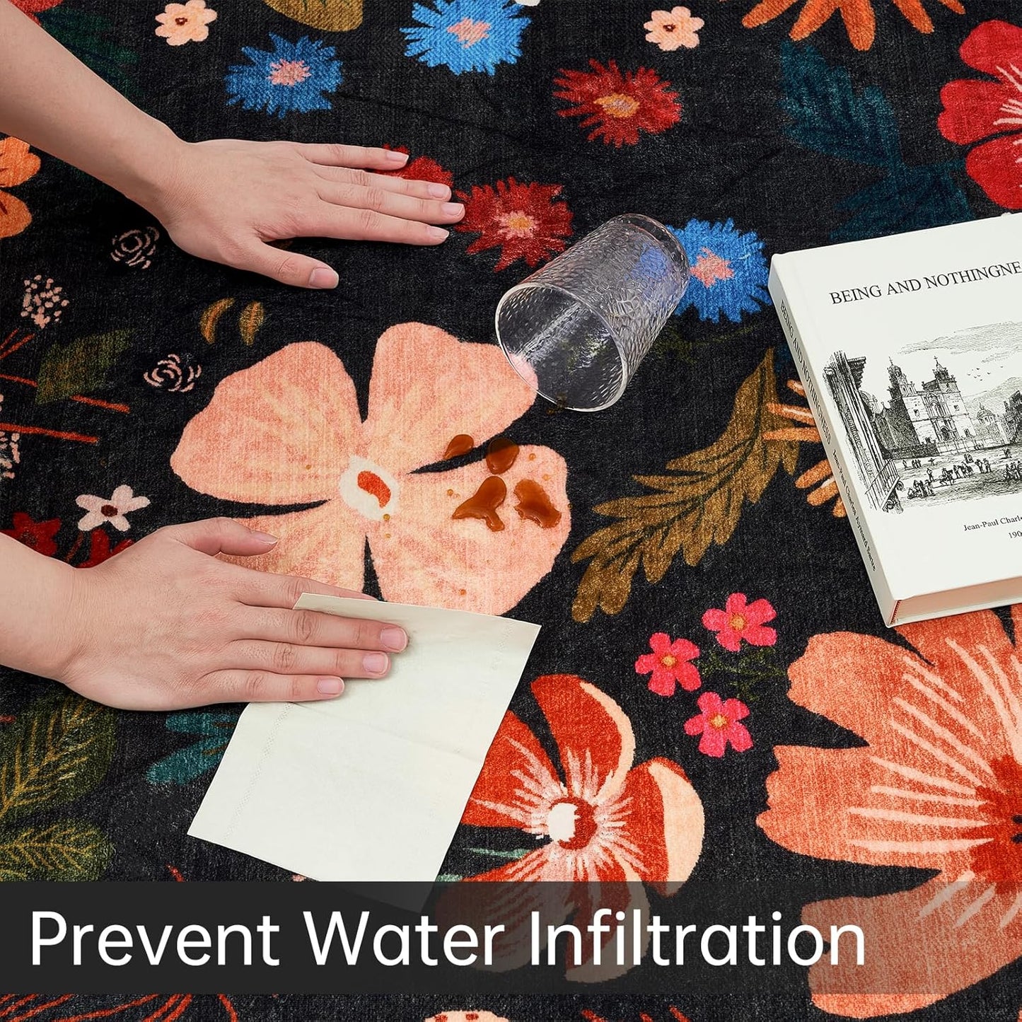 Black Area Rug 5x7 for Bedroom Washable Boho Farmhouse Floral Rugs for Living Room Vintage Aesthetic Stain Resistant Non-Slip Soft Low Pile Thin Floor Carpet for Living Room Dining Room Nursery