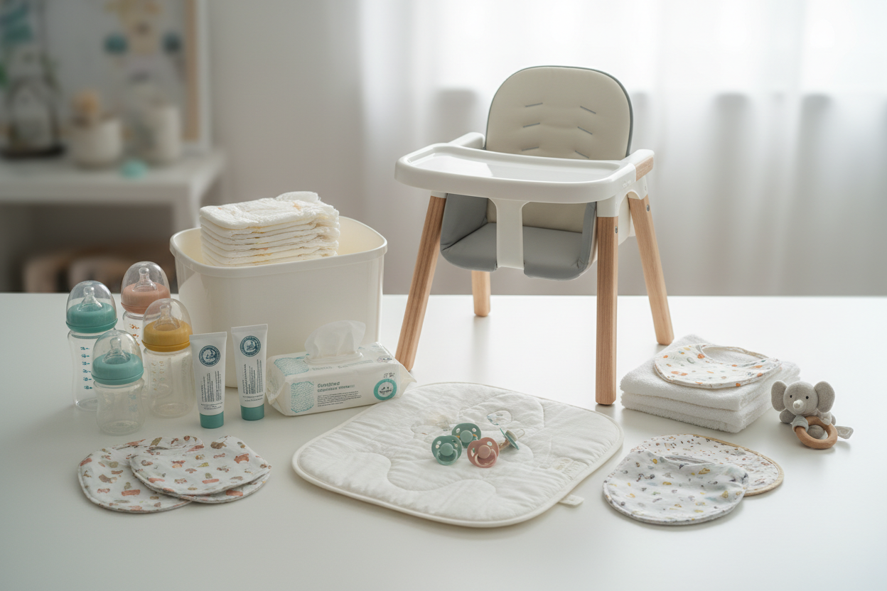 Bottles, high chairs, diapering essentials, and more. (make it real photo)