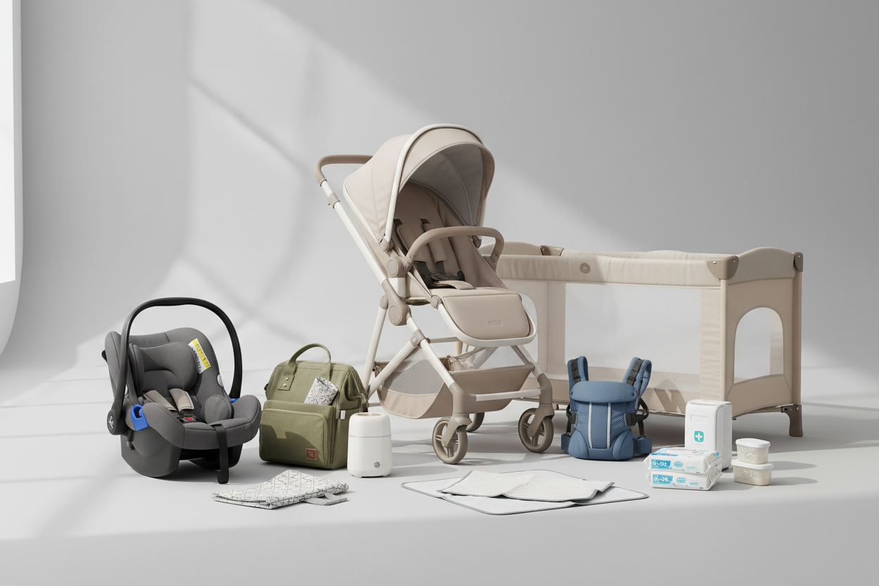 Strollers, car seats, and portable items to make parenting on the go stress-free. (make it real photo)